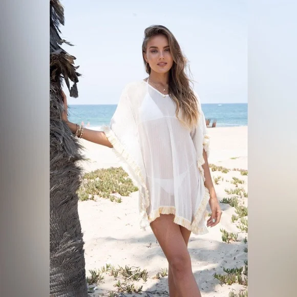 (16196) V-NECK FOIL THIN STRIPE KAFTAN COVER UP WITH SHINY FOIL FRINGE EDGE TRIM - Picture 5 of 5